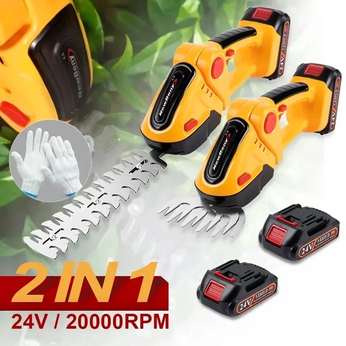2 in 1 Draadloze Heggenschaar 20000Rpm Inclusief 2 Accu's Handheld Geel Tuinieren Effectiek Top Kwaliteit