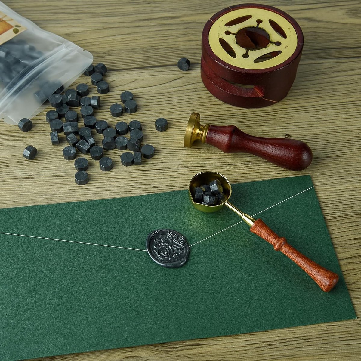 300 stuks zegelwas parelzwart zegelwaskralen met 1 smeltlepel achthoekige waszegelset voor uitnodigingen kaarten enveloppen wijnpakketten geschenkverpakkingen