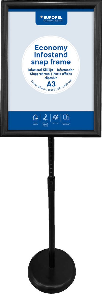 Europel Economy infostand kliklijst – Zwart – A3 (29,7 x 42 cm) – Frame 25mm – Verstelbare hoogte – Draaibare kliklijst – Ideaal voor Beurzen