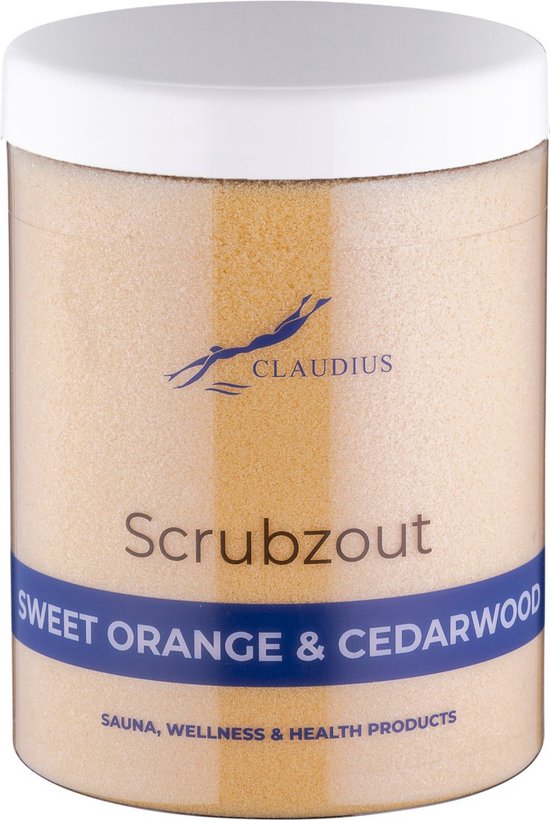 Claudius Scrubzout Sweet Orange & Cedarwood in doorzichtige pot met witte deksel, inhoud lichtoranje.