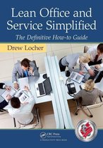 Boekomslag 'Lean Office and Service Simplified' met de tekst 'The Definitive How-to Guide' en de naam Drew Locher. Een groep mensen werkt aan een tafel.