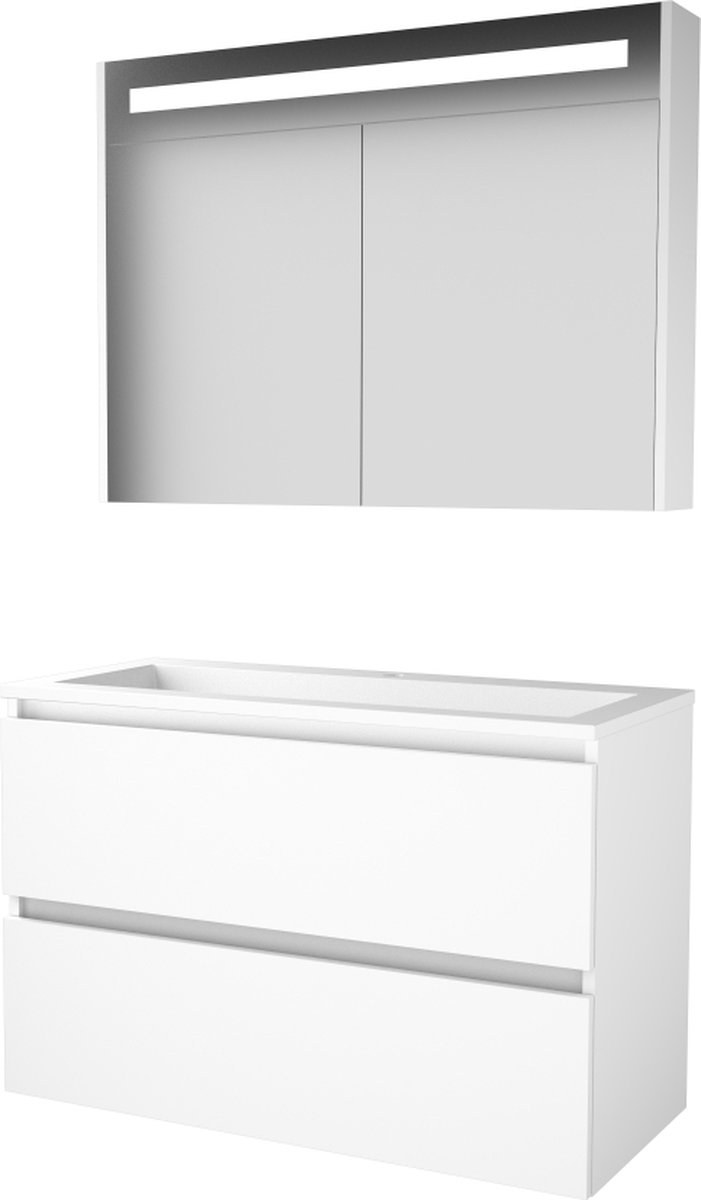 Basic Premium 46 badmeubelset met spiegelkast met geïntegreerde LED verlichting, greeploze wastafelonderkast met 2 lades en acryl wastafel met 1