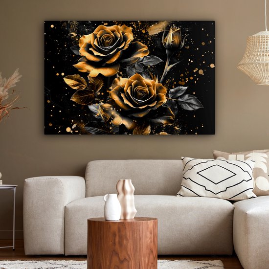 Peinture sur toile 120x80 cm - Décoration murale Roses - Or - Zwart - Fleurs - Moderne - Décoration murale salon - Décoration chambre moderne - Tableaux abstraits