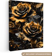 Tableau sur toile 120x160 cm - Décoration murale Roses - Or - Zwart - Fleurs - Moderne - Décoration murale salon - Décoration chambre moderne - Tableaux abstraits
