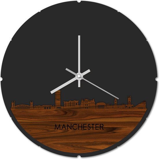Skyline Klok Rond Manchester Palissander hout - Ø 44 cm - Stil uurwerk - Wanddecoratie - Meer steden beschikbaar - Woonkamer idee - Woondecoratie - City Art - Steden kunst - Cadeau voor hem - Cadeau voor haar - Jubileum - Trouwerij - Housewarming -