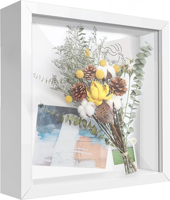 schaduwlijst, 20 x 20 cm, doos, diepe houten fotolijst, witte vierkante fotolijst, staand of aan muur, voor het tentoonstellen van medailles, bloemen en knutselwerken