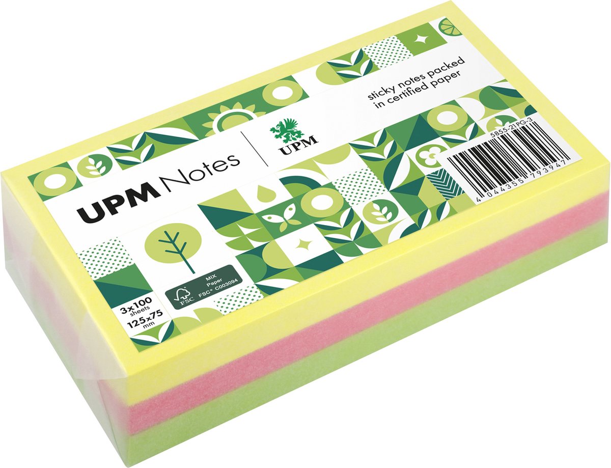 UPM sticky notes - 3 x 100 vel - 125x75mm - groen, geel, roze - IN-5855-21PG-3