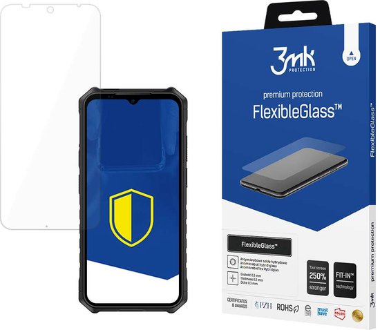 Verpakking voor 3mk FlexibleGlass™ met een glazen screenprotector en een Hammer Iron V telefoon.