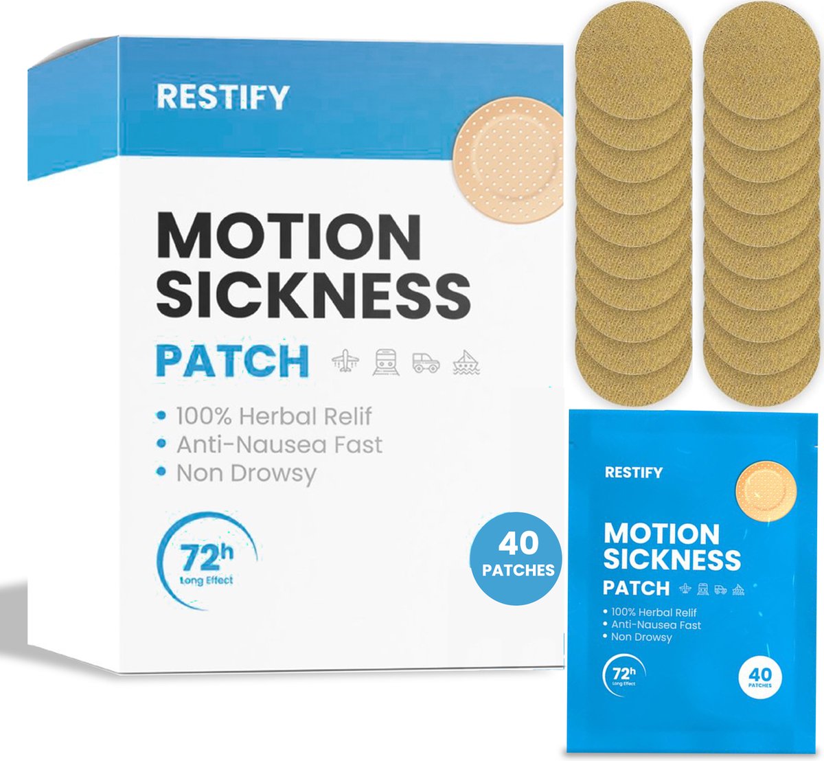 Goedkoopste RESTIFY Wagenziekte / Reisziekte Pleister 40 Stuks - Migraine - Hoofdpijn - Pijn Verlichting - Patch
