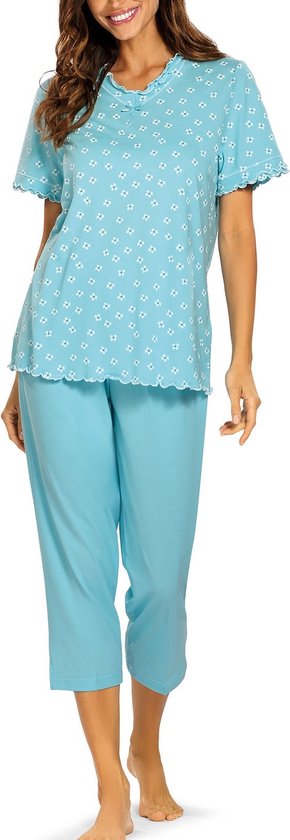 Comtessa - Dames Pyjama - 7/8 broek - Katoen - aqua blauw - Maat 44