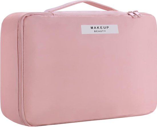 Reis make-up tas grote cosmetische organizer voor vrouwen en meisjes (roze) met spiegel