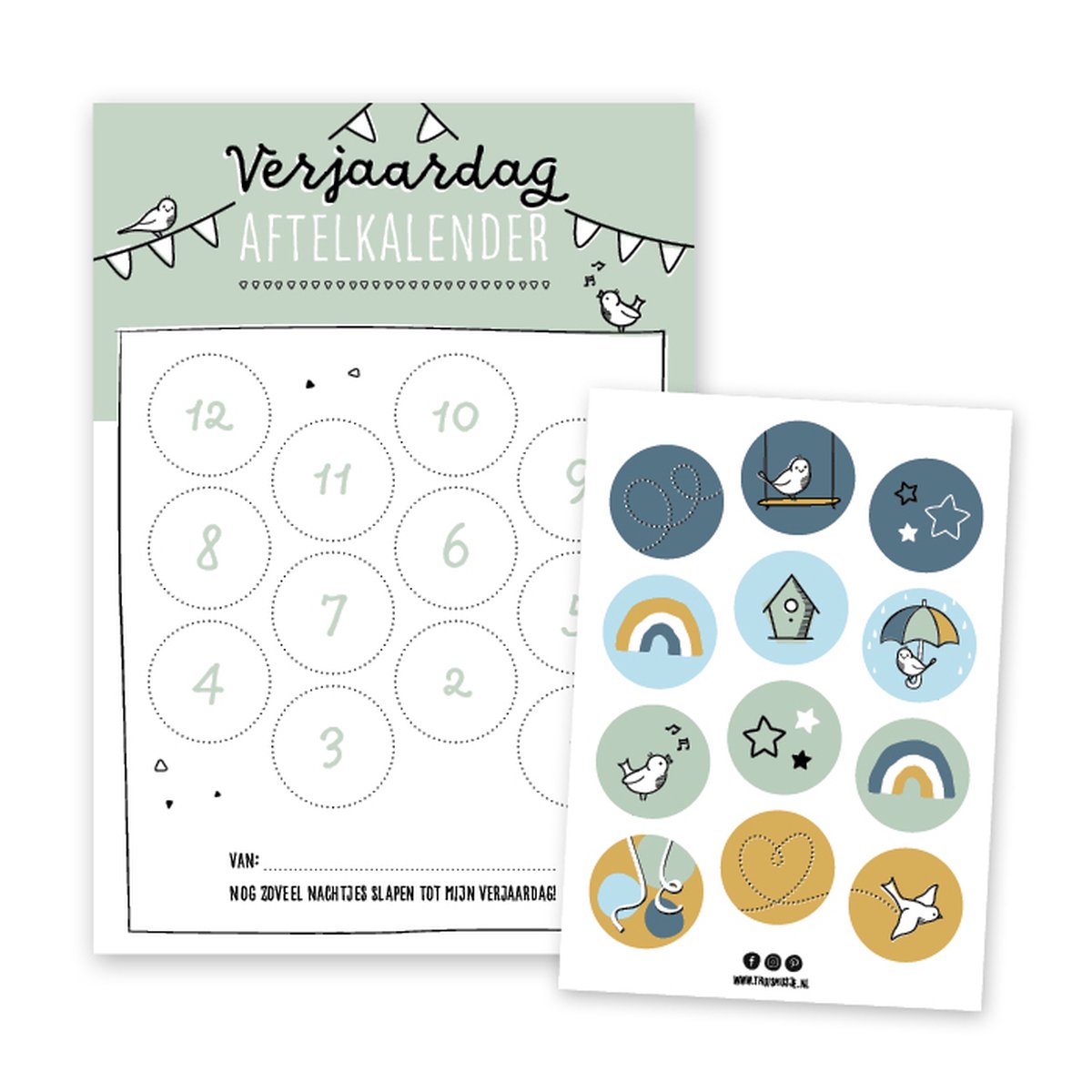 Thuismusje Aftelkalender Verjaardag - Groen - A4 formaat - inclusief 12 stickers
