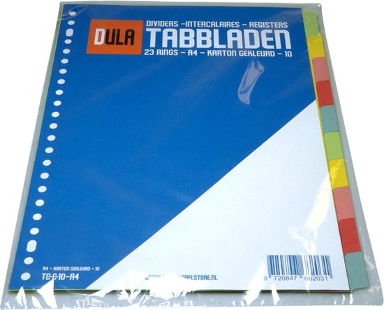 DULA Tabbladen gekleurd karton - 10 tabs - A4 - 23 gaten - 5 kleuren - DULA