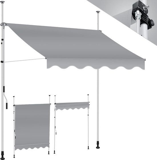 Store à pince KESSER® avec manivelle - Pour balcon - Store de balcon - Sans perçage - Résistant aux UV - Réglable en hauteur - Hydrofuge - Protection solaire - Auvent de terrasse - Installation facile - 200 cm - Grijs