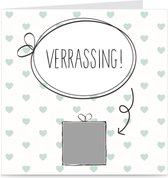 Kraskaart | VERRASSING | kaart met krassticker | voor zwanger / trouwen / gender reveal / cadeau | hartjes