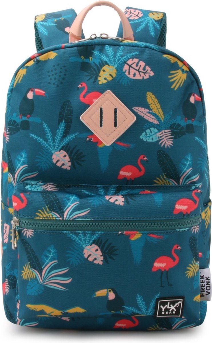 SEASON SALE: YLX Gear & Freek Vonk Oriole Rugzak voor kinderen | Flamingo, papagaai, tropische vogels. Gemaakt van gerecycled plastic. Jongens, meisjes, schooltas, rugtas, blauw, tropische vogels
