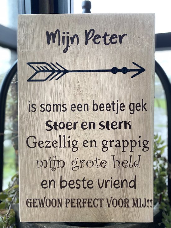 Tekstbordje van eikenhout met de tekst mijn Peter / Peetoom / oom / peter