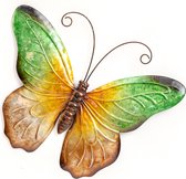 Anna Collection Wanddecoratie vlinders - 2x - groen/oranje - 44 x 32 cm - metaal - muurdecoratie - tuin beelden van dieren