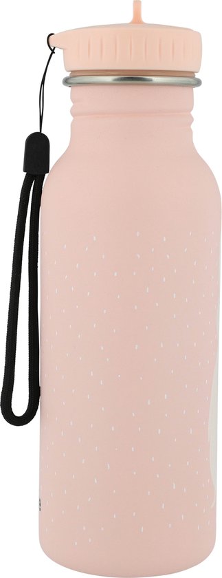 Roze RVS drinkfles met konijnenprint, stipjes en een draaglus.