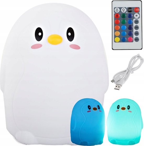 Nachtlampje - Siliconen - LED - Baby - Kind -  Pinguin - Verschillende kleuren licht - Touch - incl. Batterijen -  12 x 10 x 9 cm - Veilig - Kraamkado - Kado Tip !!