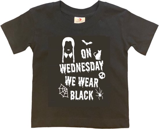 ON WEDNESDAY WE WEAR BLACK 2,0 T-shirt Zwart met Witte Opdruk (maat 146/152) | Wednesday T-shirt | Wednesday Shirt |