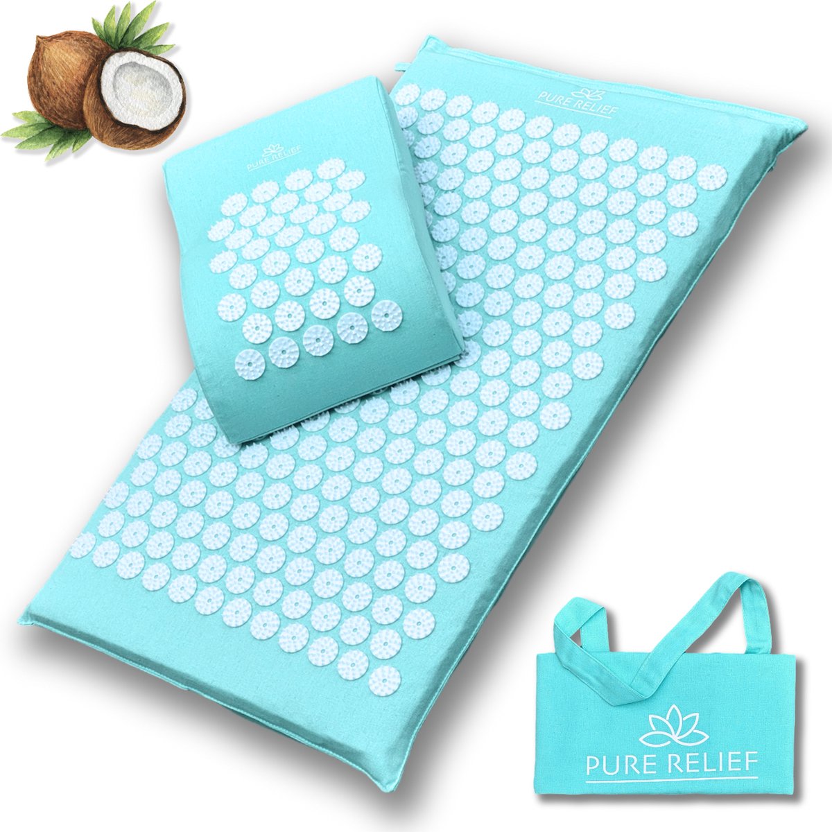 Goedkoopste PureRelief Acupressuur Spijkermat – Inclusief Hoofdkussen & Draagtas - 7500 Drukpunten voor Ontspanning & Pijnverlichting - Eco-Friendly & Duurzaam - Turquoise