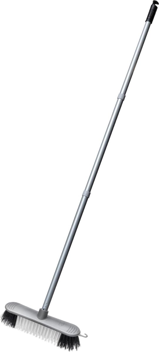 Goedkoopste kunststof binnenbezem met stijve nylon borstelharen en 3 metalen handvatten, metaalgrijs