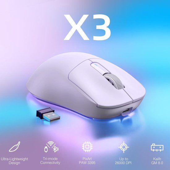 Lichtpaarse gamingmuis met een USB-ontvanger, tegen een achtergrond met de tekst 'ULTRA-LIGHT DESIGN'.