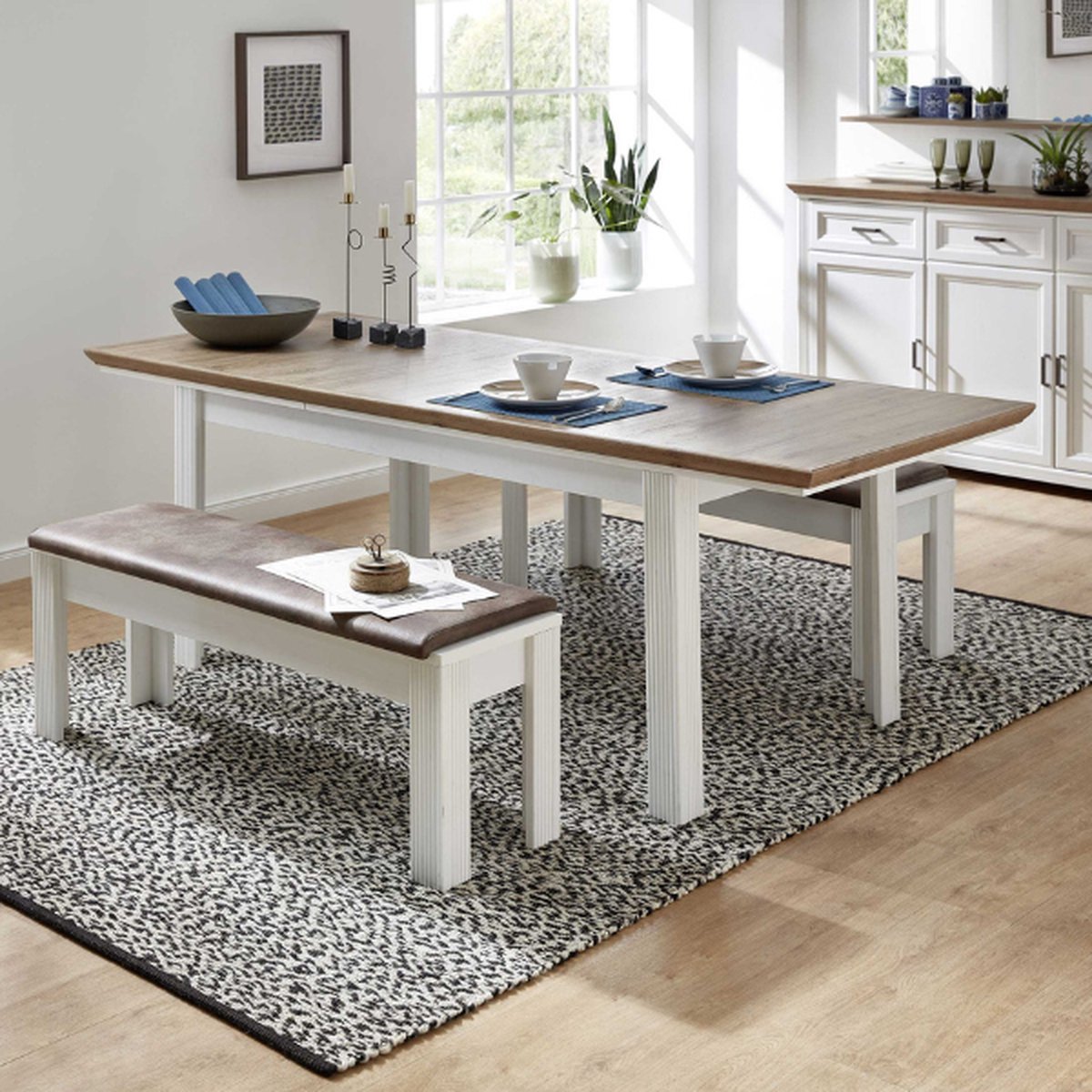 Uitschuifbare Eettafel Samine 90x160/220 - Wit/eik - Emob - Keukentafel - Wit - Spaanplaat
