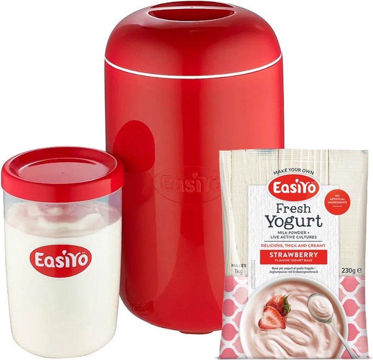 EasiYo basispakket yoghurtmaker en aardbei yoghurtzakje