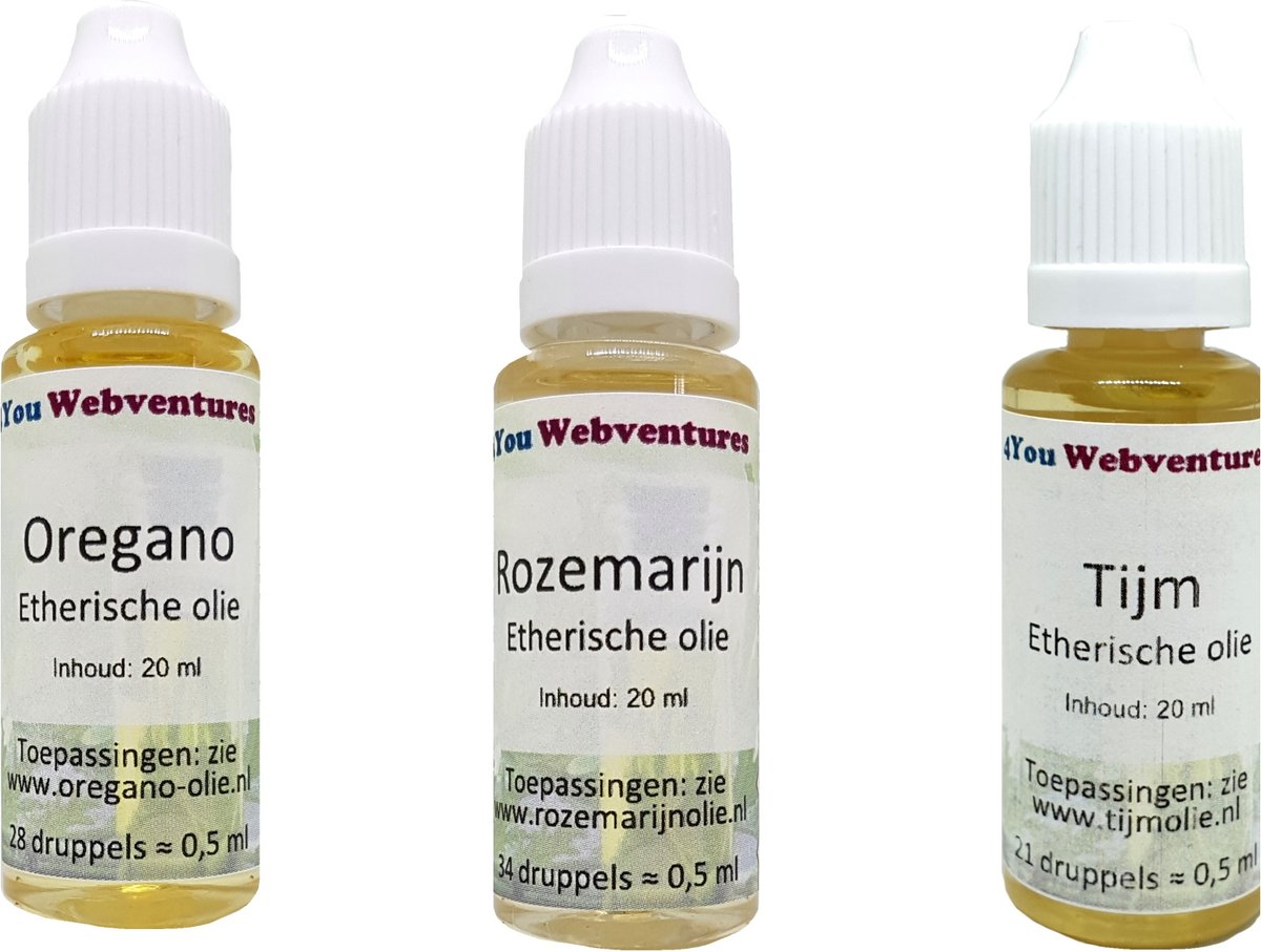 Goedkoopste Etherische olie set kruiden geuren 3 x 20 ml - 20 ml oregano olie - 20 ml rozemarijnolie - 20 ml tijmolie - essentiële oliën met een kruiden geur - plant - essential oils herbs scents - oregano - tijm - rozemarijn - thyme - rosemary - keukenkruiden