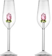 Champagneglazen - 2 Stuks - 3D roos - Luxe - Glaswerk - Vrouwelijk - Cadeau - Romantisch - Housewarming - Verjaardag - Geschenk - Bruiloft - Keuken - Glaspaar - Champagne - Glas -Champagneglas