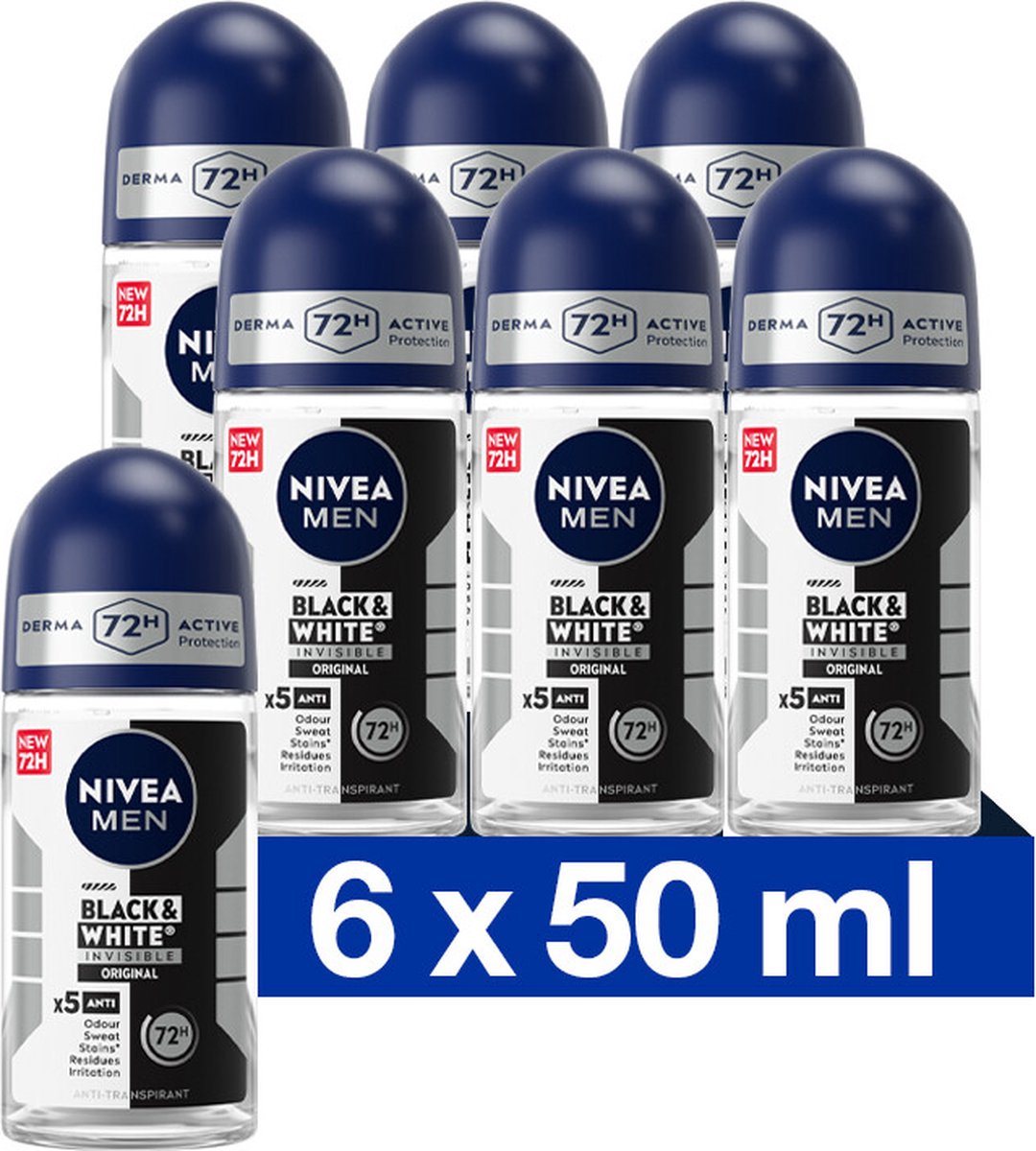 Goedkoopste NIVEA MEN Invisible for Black & White Original Anti-Transpirant Deo Roller - Deodorant - 6 x 50 ml - Voordeelverpakking