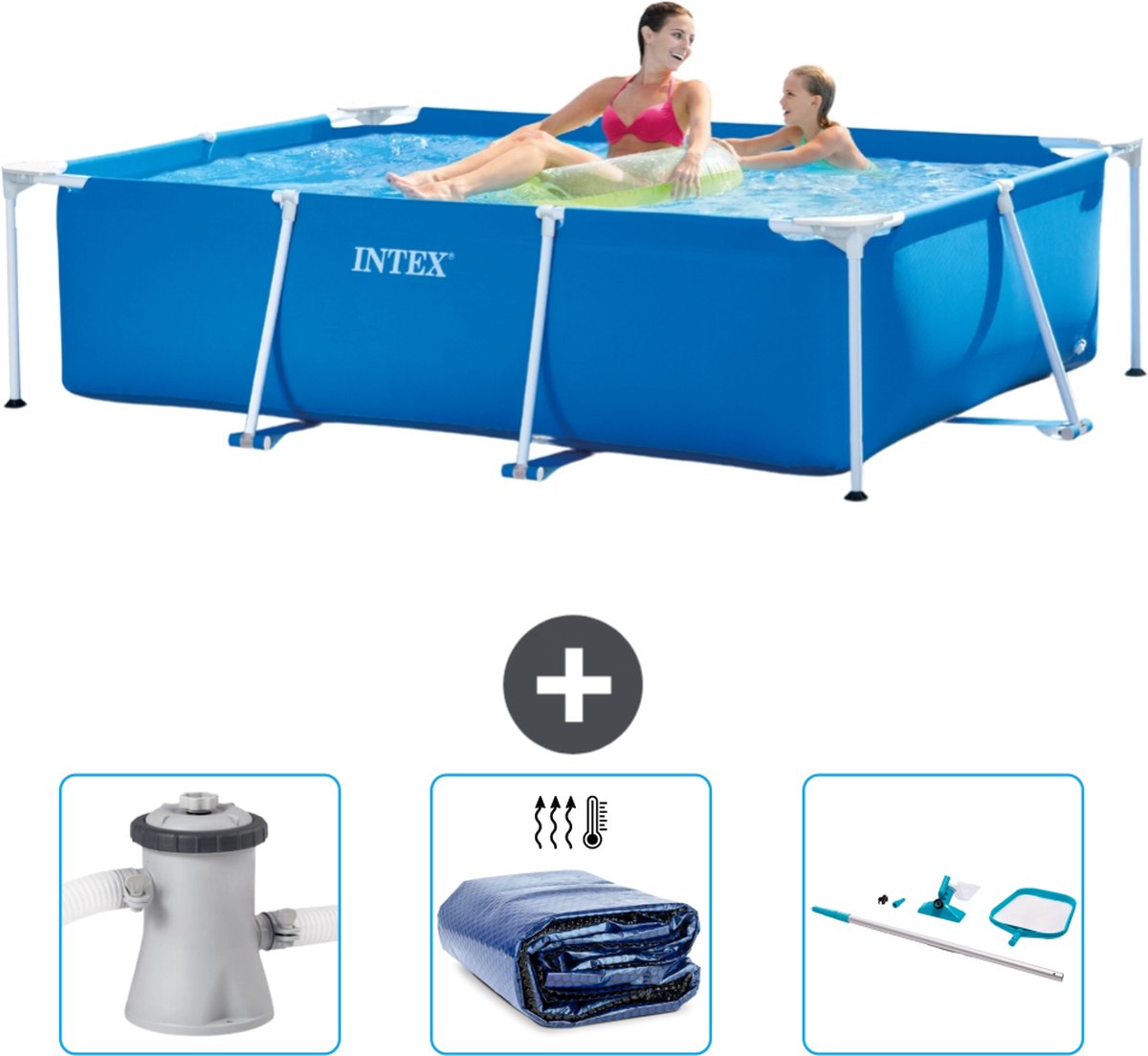 Intex Rechthoekig Frame Zwembad - 220 x 150 x 60 cm - Blauw - Inclusief Zwembadfilterpomp - Solarzeil - Schoonmaakset