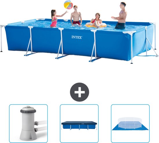 Rechthoekig Intex zwembad 450x220x84 cm met kinderen, met filterpomp, afdekhoes en grondzeil.