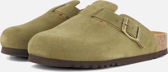 Paar groene suède Scholl klompen met gespen en kurken zolen.
