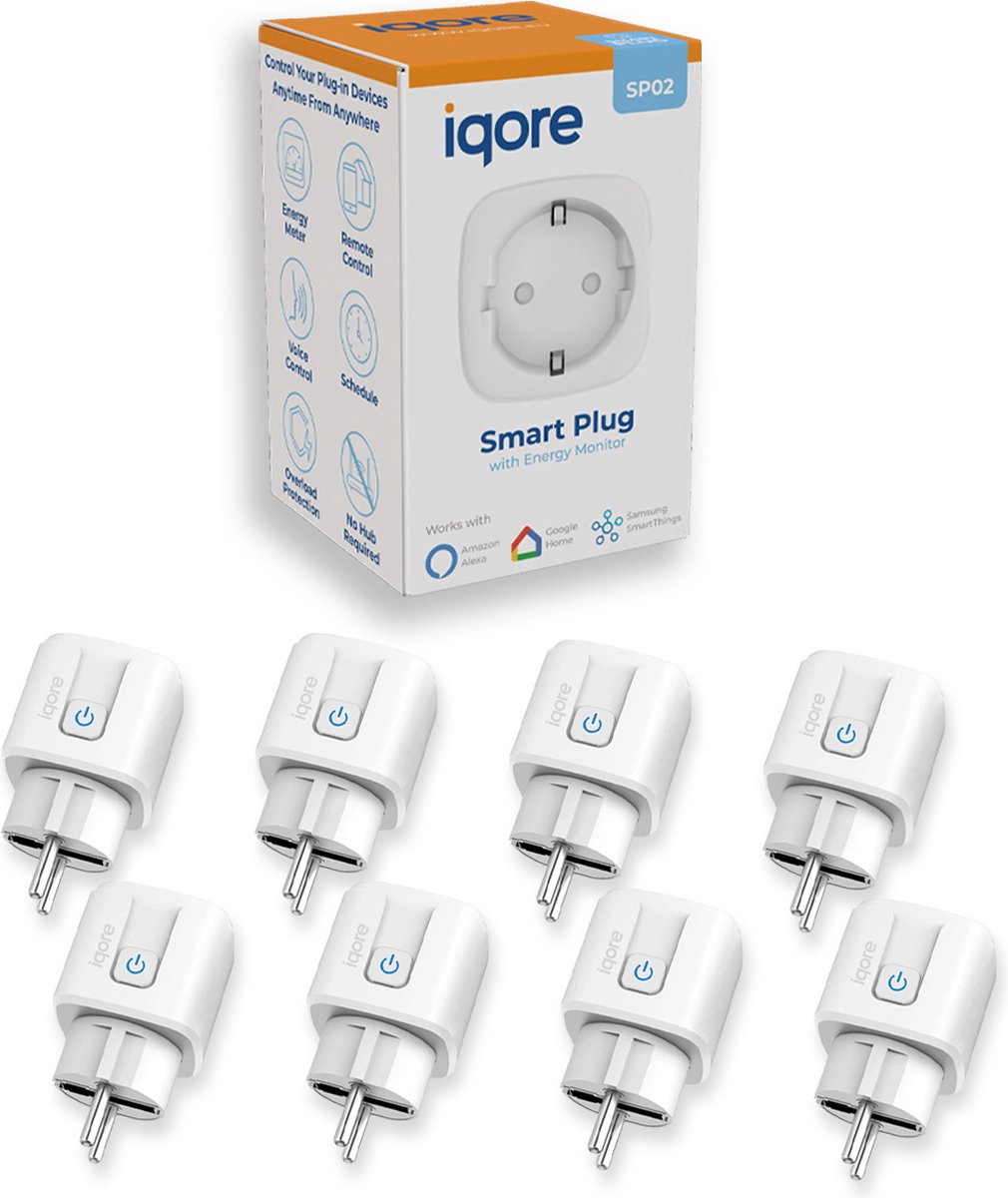 Iqore® Slimme Stekker 8-pack - Smart Plug - Met Tijdschakelaar en Energiemeter - 16A - Compatible Google, Amazon en Samsung - Gratis Smartlife App