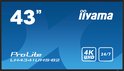 Zwarte Iiyama ProLite LH4341UHS-B2 monitor met blauwe achtergrond. Toont "43"", "4K UHD" en "24/7".