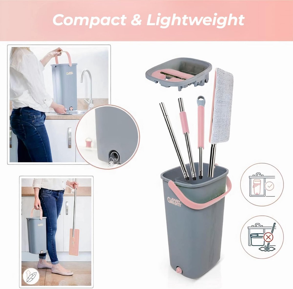 Goedkoopste Roze dweil en emmer set - Microvezel Flat mop - Roestvrijstalen handvat - Dubbele emmer - Nat en droog gebruik - Herbruikbare pads - Vloertypes mop and bucket set