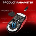 Gedetailleerde weergave van de onderkant van een rode muis, met labels voor USB-ontvanger, DPI-knop en meer.