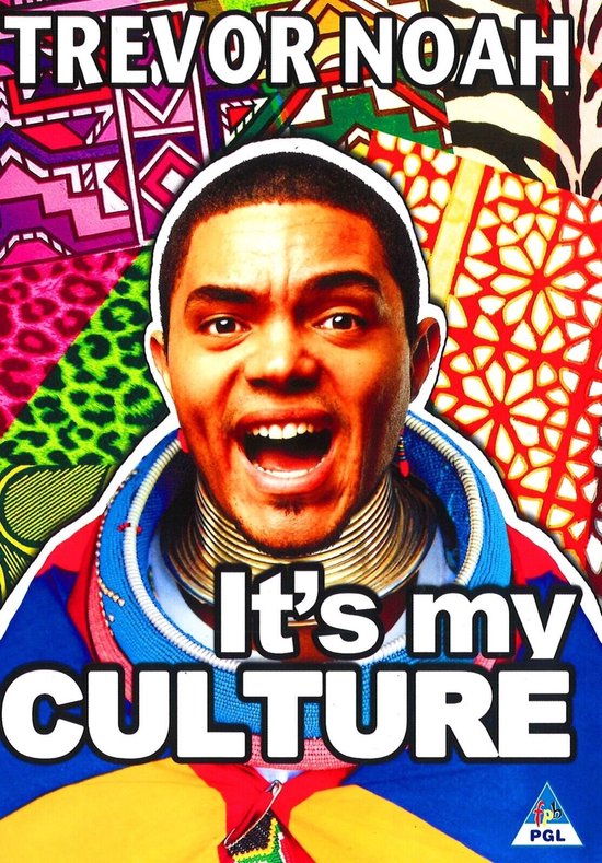 Trevor Noah lachend met een kleurrijke Afrikaanse outfit en halskettingen, met de tekst 'It's my CULTURE'.