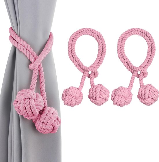 2 stuks gordijngordijnhouders, gordijn trekkoord, handgebreid touw met bal (roze)