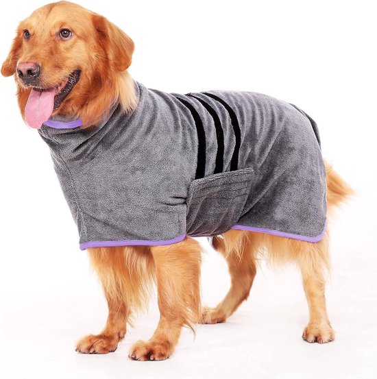 Hondenbadjas - Maat L - Grijs & Paars - Badjas Voor Honden - Honden Badjas