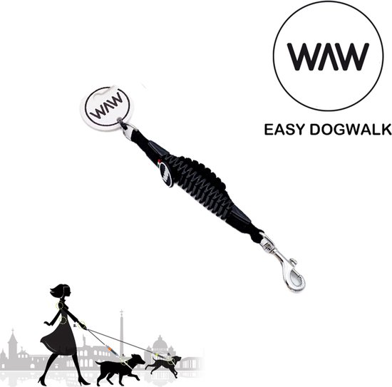 Zwarte WAW easy dog walk riem met metalen clips en ronde badge. Silhouette vrouw met twee honden.