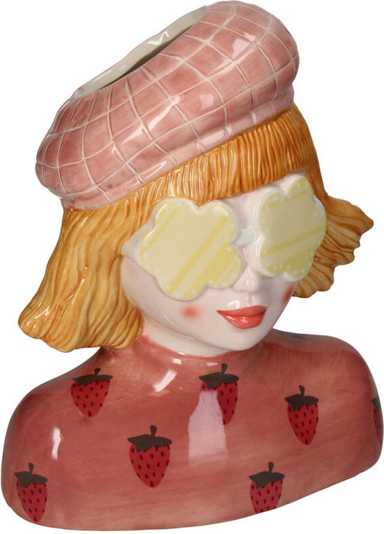 Supervintage kekke aardewerk vaas van een vrouwen hoofd met hoed en bril Vase Lady Multi 20 x 14 x 24 cm