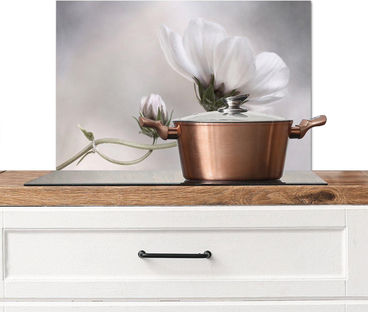 Spatscherm keuken 60x40 cm - Kookplaat achterwand Bloemen - Stilleven - Natuur - Grijs - Muurbeschermer - Spatwand fornuis - Hoogwaardig aluminium