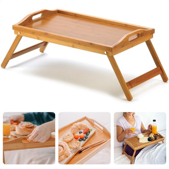 Cheqo® Bamboe Ontbijt Dienblad - Inklapbaar Bedtafel op Pootjes - 50x30 cm - Voor Ontbijt in Bed - Opvouwbaar - Lichtgewicht - Duurzaam Bamboe Dienschaal - Multifunctioneel