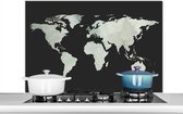 Spatscherm keuken 100x65 cm - Kookplaat achterwand Wereldkaart - Grijs - Zwart - Muurbeschermer - Spatwand fornuis - Hoogwaardig aluminium