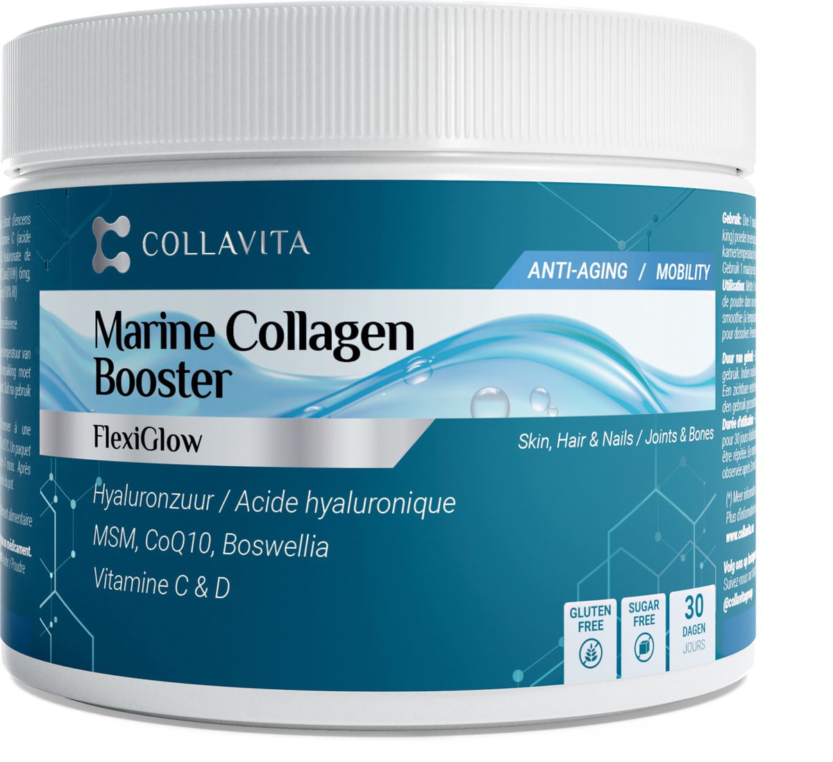 Goedkoopste FlexiGlow Viscollageen Poeder - Super Geconcentreerd - Uniek smaak- en geurloos - Met Hyaluronzuur, Vitamine C, D3, MSM, Q10 en Boswellia