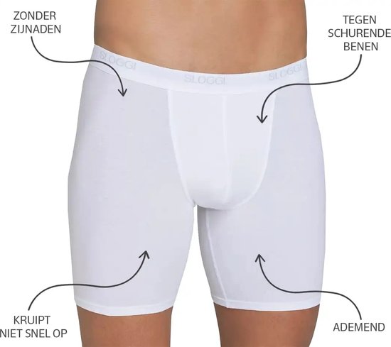 Witte Sloggi boxershort met grijze elastische tailleband. Pijltjes wijzen naar 'zonder zijnaden', 'kruipt niet snel op', 'tegen schurende benen' en 'ademend'.